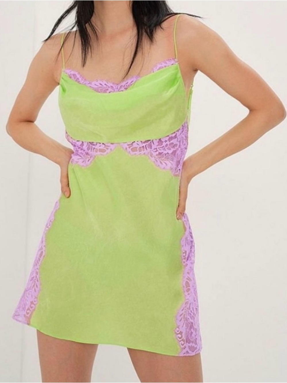 For Love and Lemons Lace Trim Slip Dress in Lime & Lavender